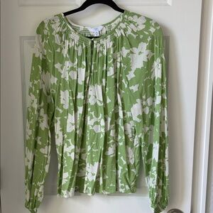 Time and Tru Green and White Floral Smocked-Neck Blouse